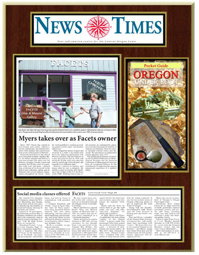 News Story by Terry Diller with the Photo as it appeared in the August issue of the News Times Business section featuring FACETS original team Rich and Kay, as Rich turned the business and the keys over to Kay as he retired to Idaho.