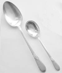 Sample shows International - 1847 Rogers Adoration, silver flatware serving spoon and sugar spoon.