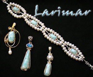 Photo (c)of the Larimar collection of jewelry offered by FACETS Gem & Mineral Gallery, in Newport, Oregon.  Customized pearl accented bracelet by FACETS team member Bobbie Kent, also shown with assorted sterling silver pendants and a 14K gold filled wire wrapped pendant as offered in the showroom, where you will also find a fine selection of earrings and rings to choose from!  Product selection and availability subject to change without notice.