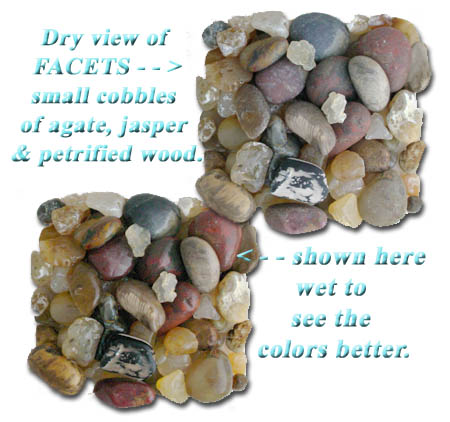 Click here to enlarge image - Samples shown of our Small size Tumbling Rock Mix -  of Oregon agate, jasper and petrified wood cobbles for 1-3 pound rock tumblers, In Stock and Ships Immediately!